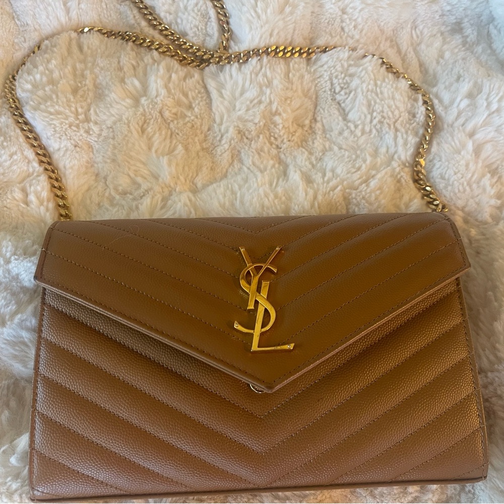 Authentic Yves Saint Laurent Brown Chevron Shoulder Bag
